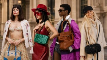 Modelki z nowoczesnymi it-bags Prada, Bottega Veneta, Miu Miu i Balenciaga