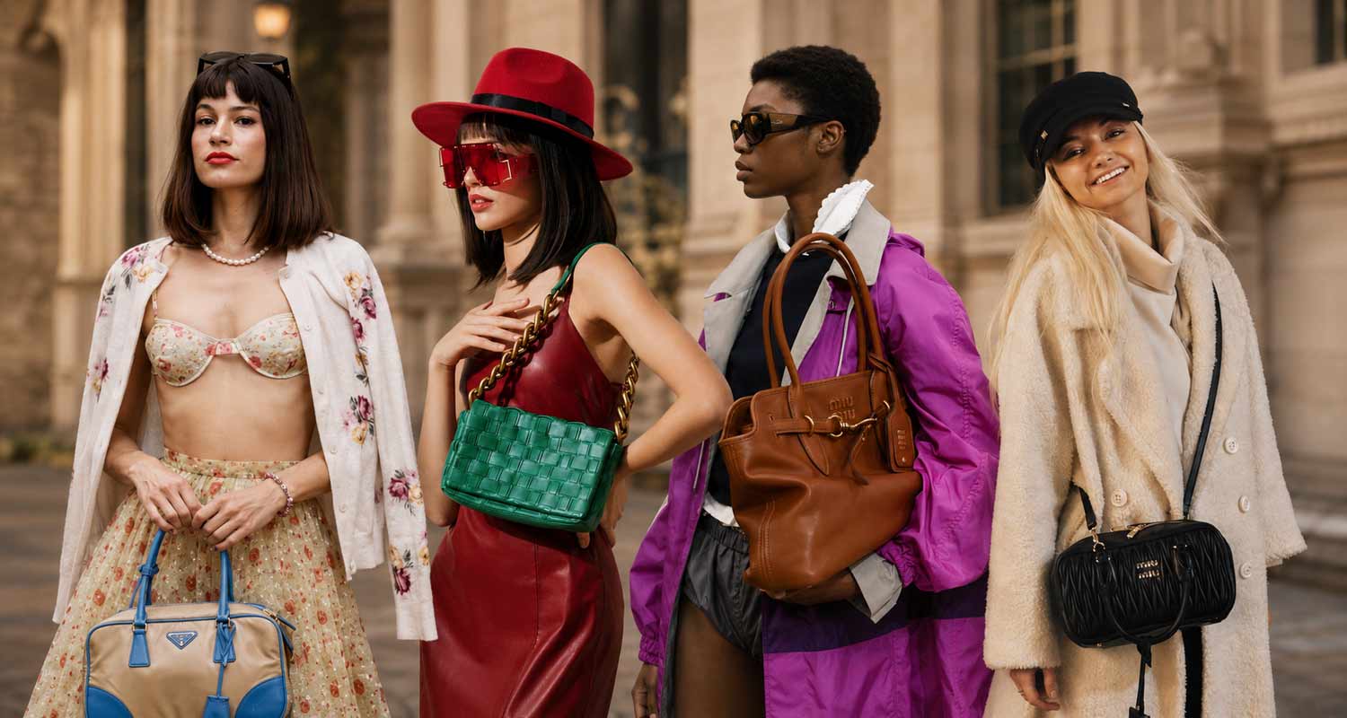Modelki z nowoczesnymi it-bags Prada, Bottega Veneta, Miu Miu i Balenciaga