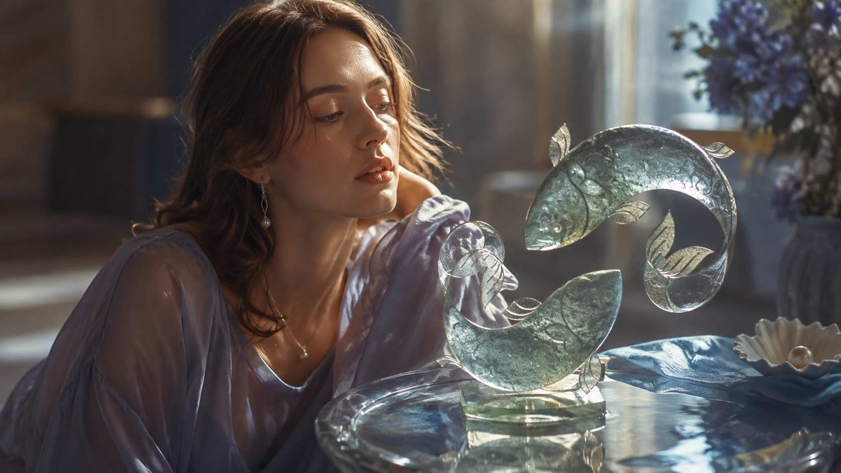 Kobieta w głębokim błękicie obok złotej figurki ryb, z refleksami wody w tle – horoskop tygodniowy