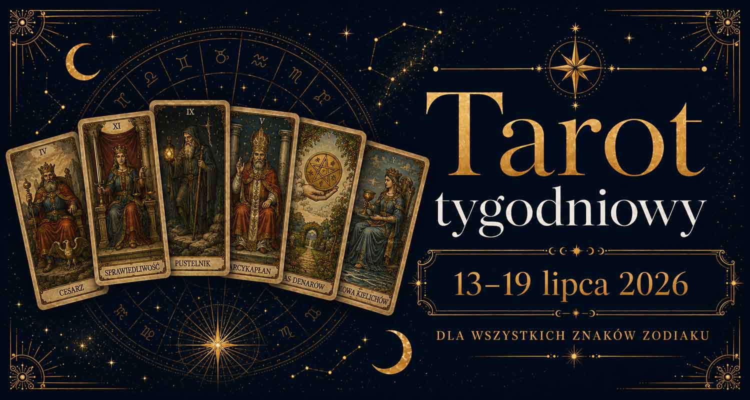 Tarot tygodniowy 13–19 lipca 2026 dla wszystkich znaków zodiaku – karty Tarota na granatowo-złotym tle z motywami astrologicznymi, gwiazdami i znakami zodiaku.