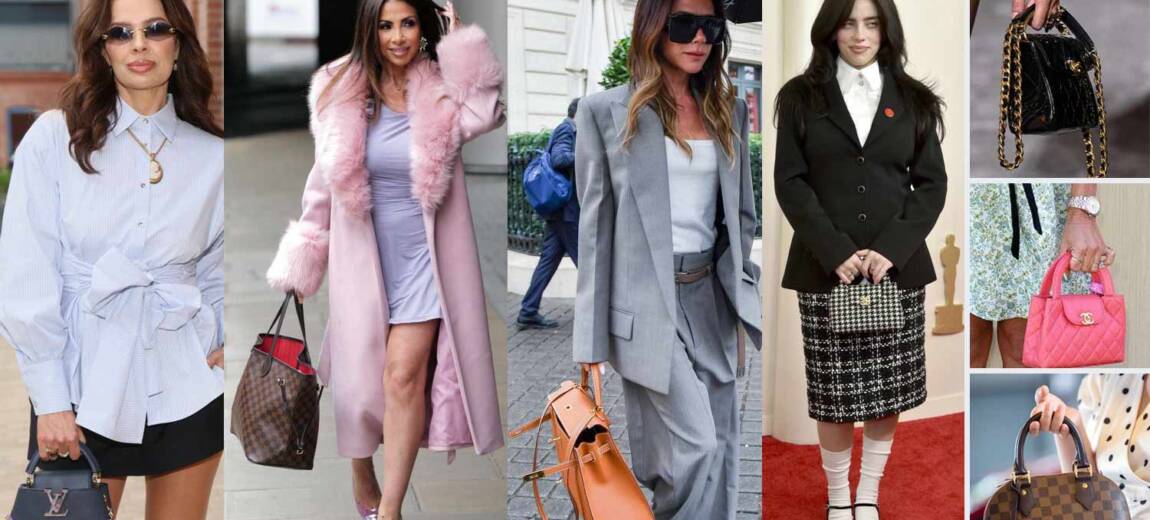 Kolaż kultowych torebek Hermes, Louis Vuitton i Chanel w stylizacjach gwiazd oraz na wybiegach mody