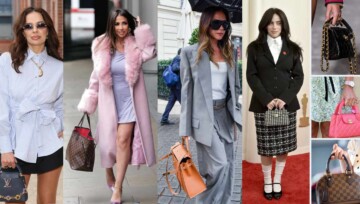 Kolaż kultowych torebek Hermes, Louis Vuitton i Chanel w stylizacjach gwiazd oraz na wybiegach mody