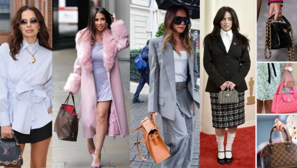 Kolaż kultowych torebek Hermes, Louis Vuitton i Chanel w stylizacjach gwiazd oraz na wybiegach mody