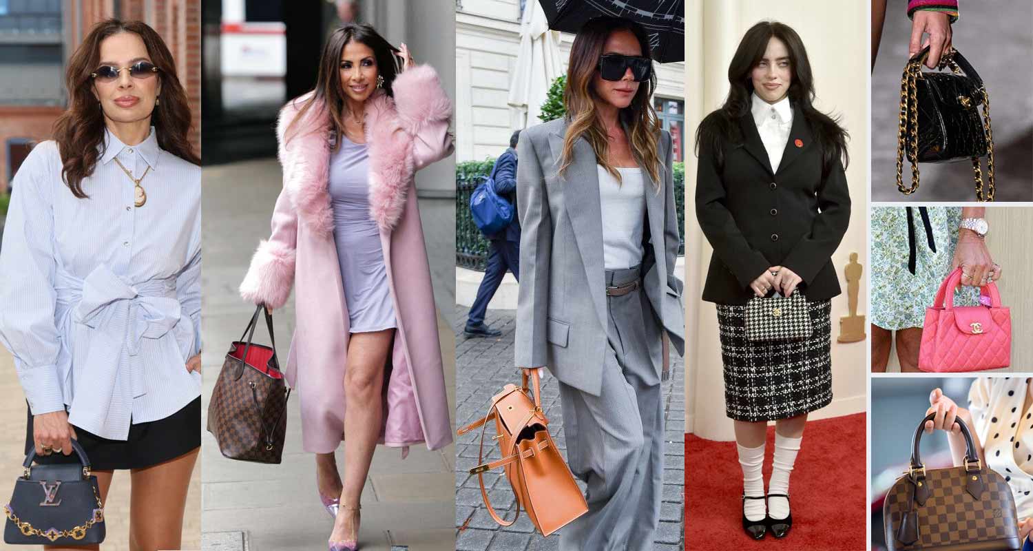 Kolaż kultowych torebek Hermes, Louis Vuitton i Chanel w stylizacjach gwiazd oraz na wybiegach mody