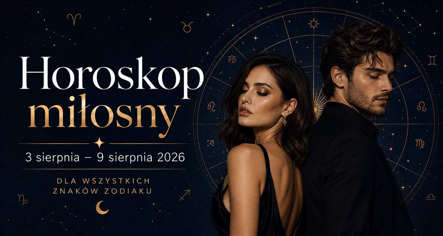 Horoskop miłosny na 3–9 sierpnia 2026 – elegancka para na tle gwiazd i symboli znaków zodiaku
