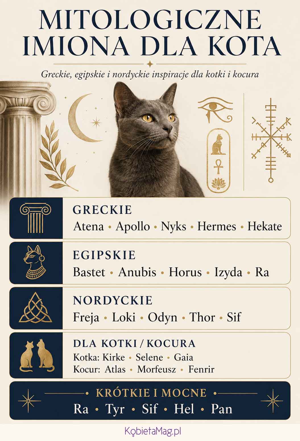 infografika z mitologicznymi imionami dla kota