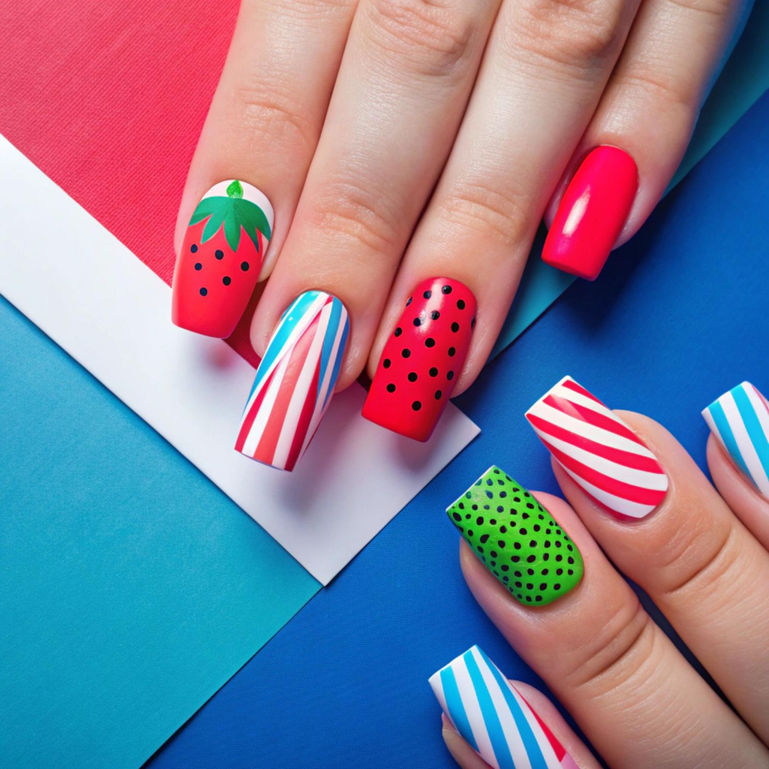 letni manicure w kolorach mango pomarańczy i różowego grejpfruta