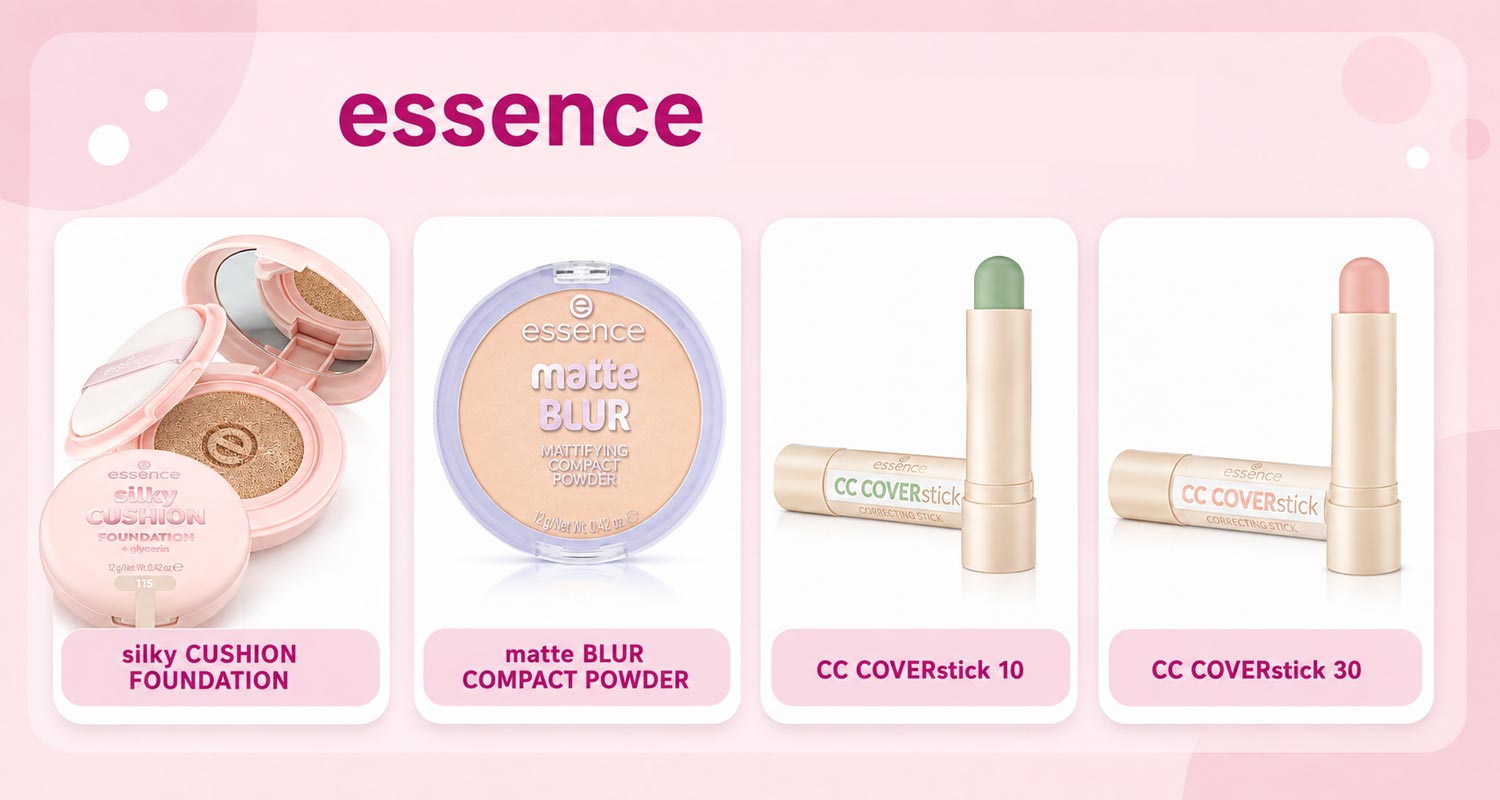 Essence silky CUSHION, matte BLUR i CC COVERstick – kosmetyki do makijażu twarzy