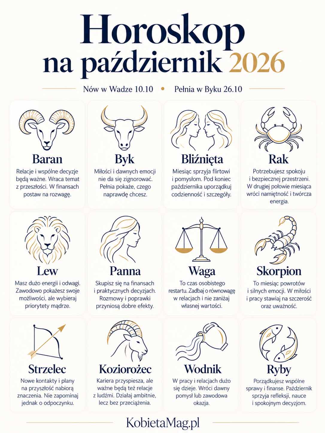 Horoskop na październik 2026 dla 12 znaków zodiaku – Baran, Byk, Bliźnięta, Rak, Lew, Panna, Waga, Skorpion, Strzelec, Koziorożec, Wodnik i Ryby