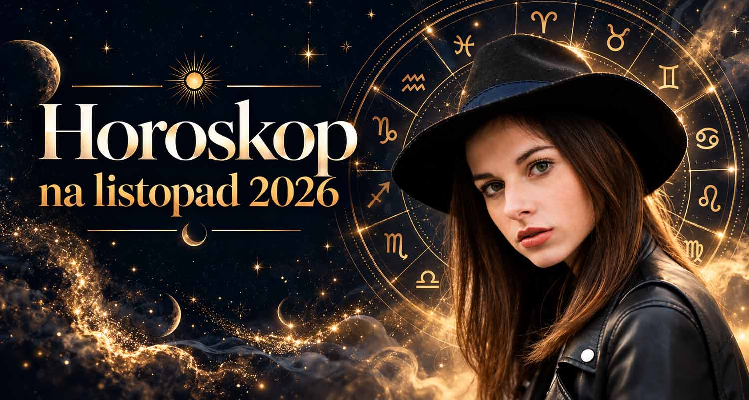 Horoskop na listopad 2026 – kobieta w czarnym kapeluszu na tle złotego koła zodiaku i gwiazd