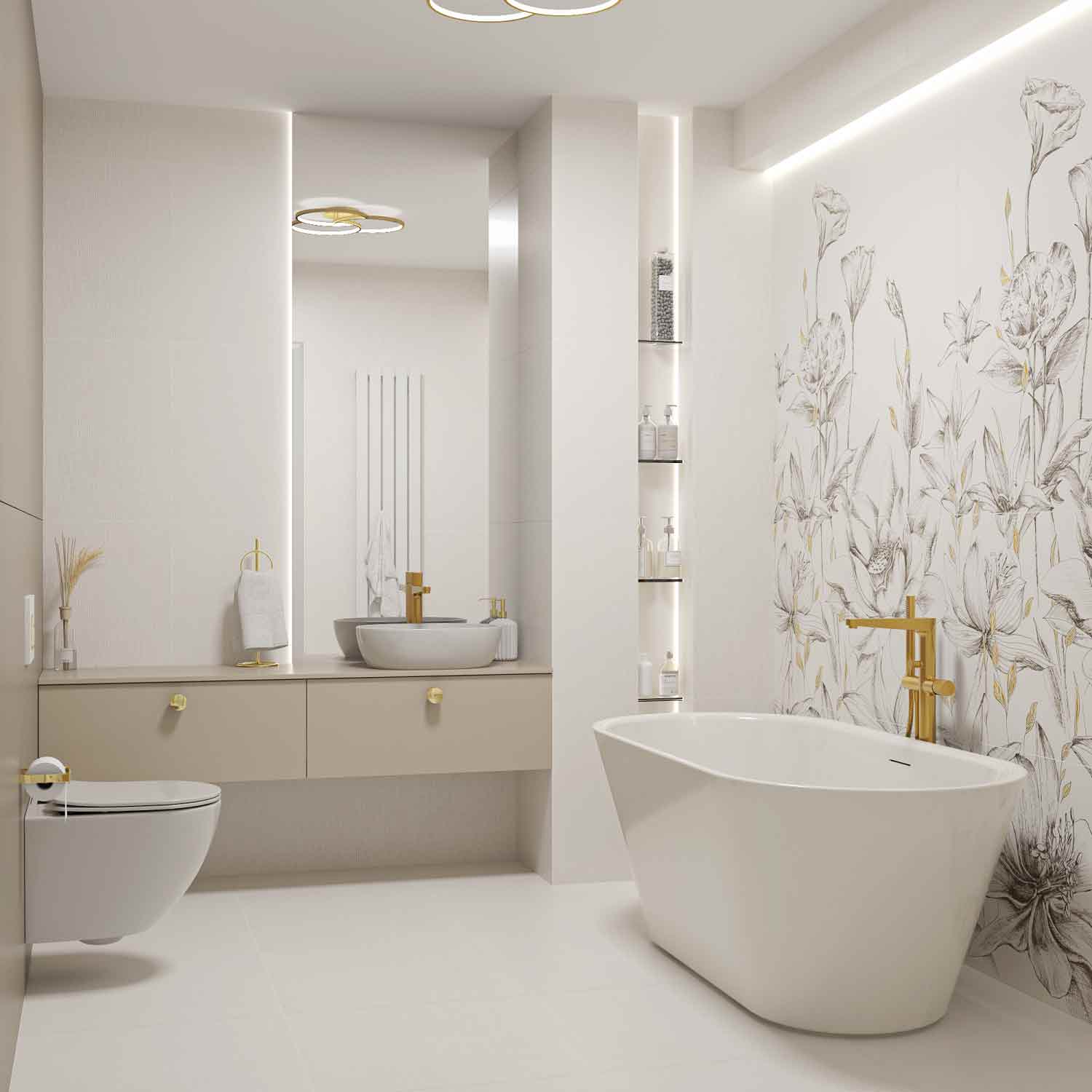 Elegancki salon kąpielowy z ceramicznym, kwiatowym dekorem.