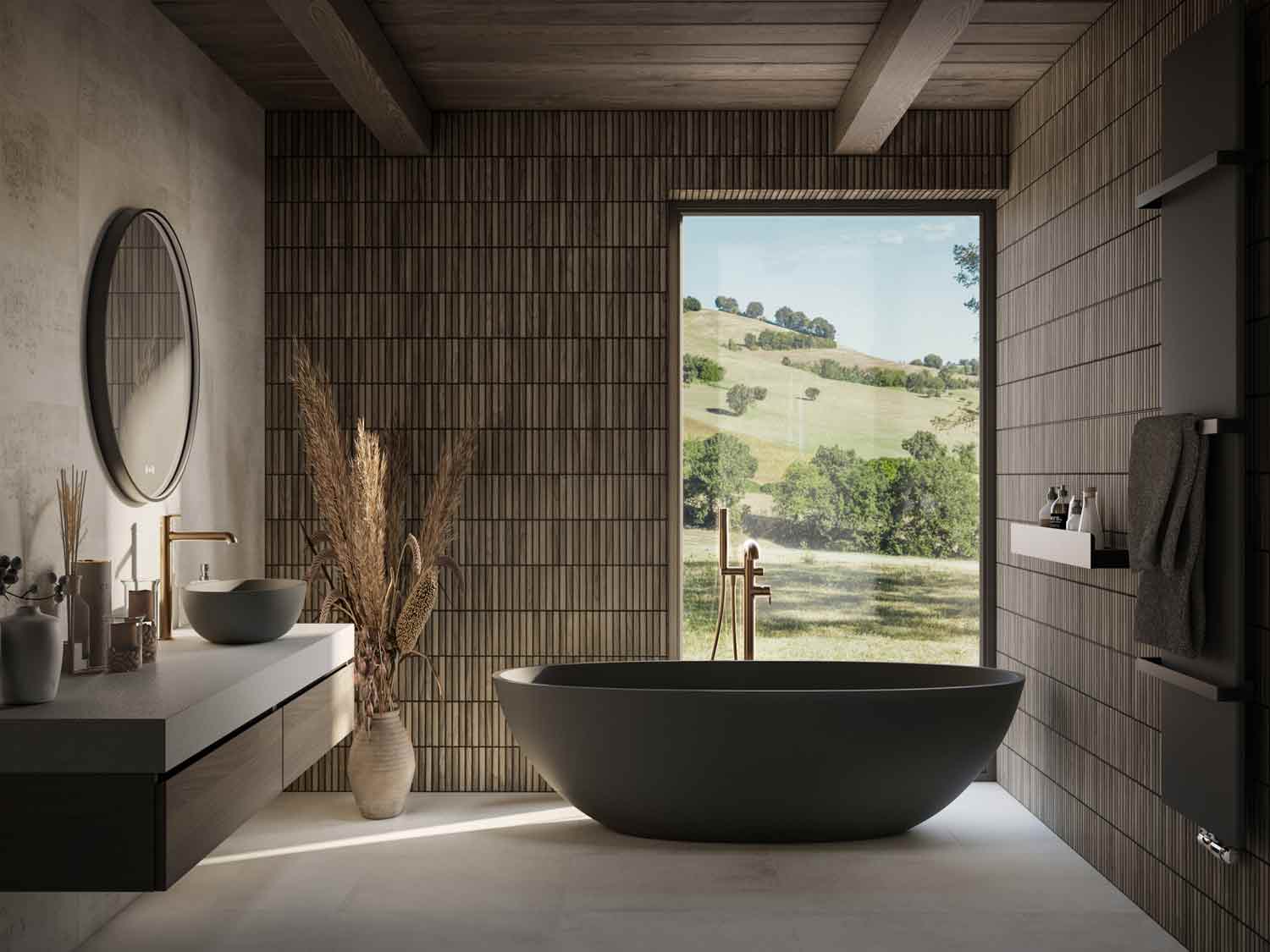 Stylowe wnętrze łazienki SPA z drewnopodobną mozaiką